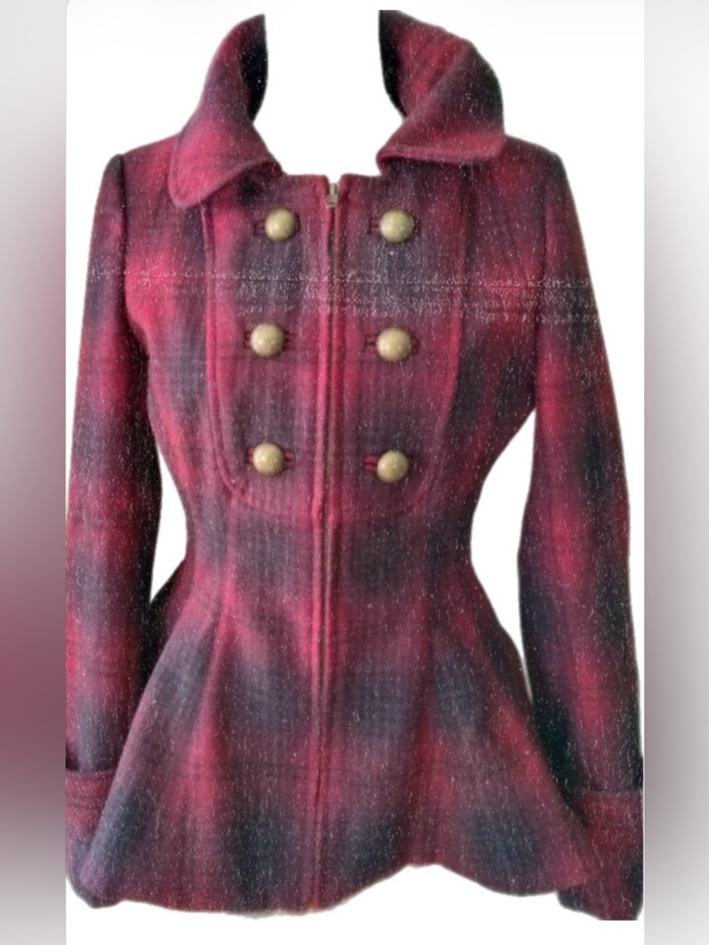 Elevenses Anthro vintage red plaid form fitting coat, size 4